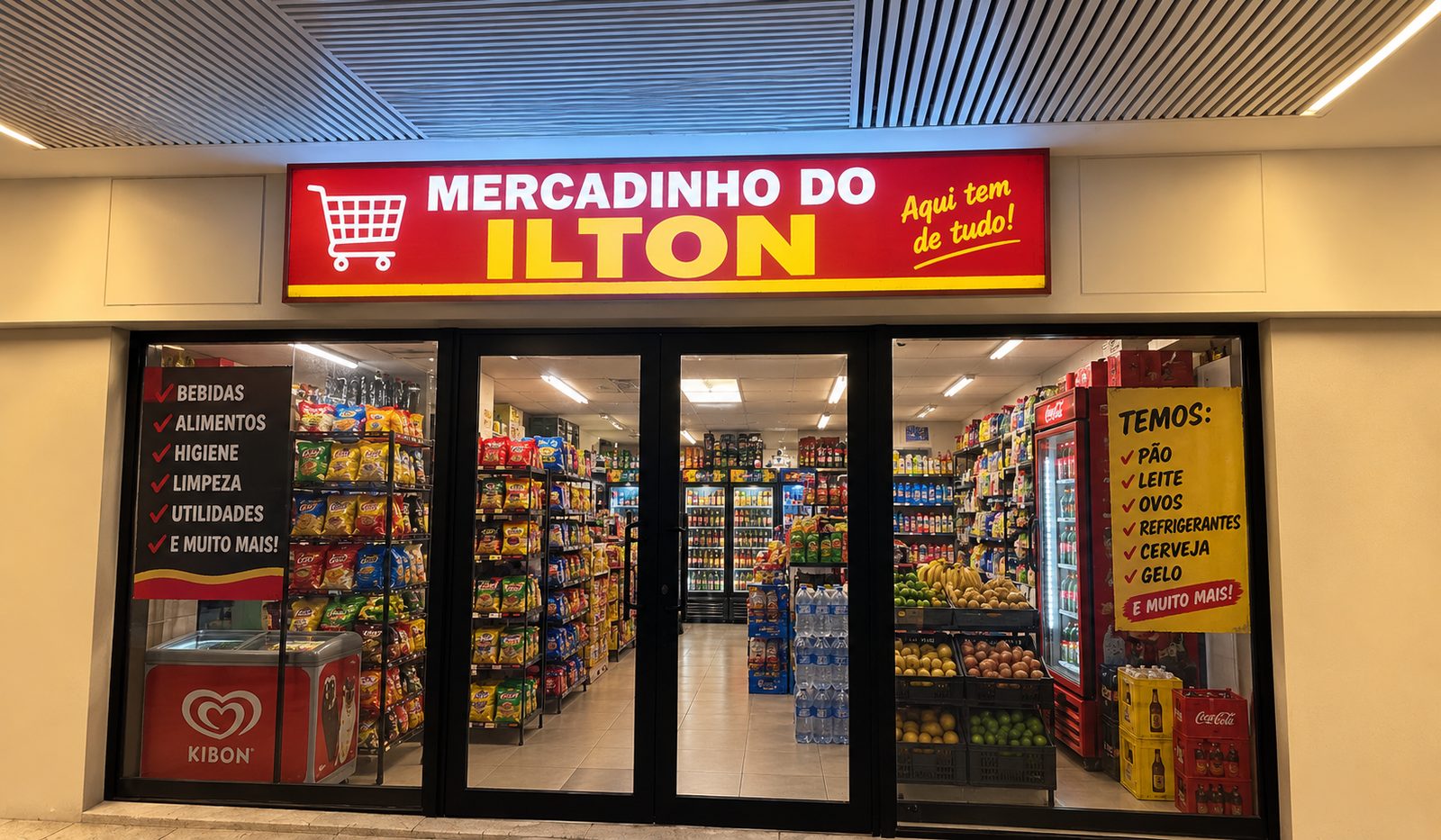 Fachada do Mercadinho do Ilton, com fruteira, geladeiras de bebidas e a fachada iluminada
