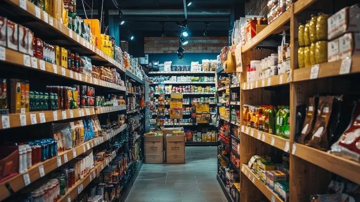 Corredor de prateleiras do Mercadinho do Ilton, com mercearia, bebidas e produtos variados